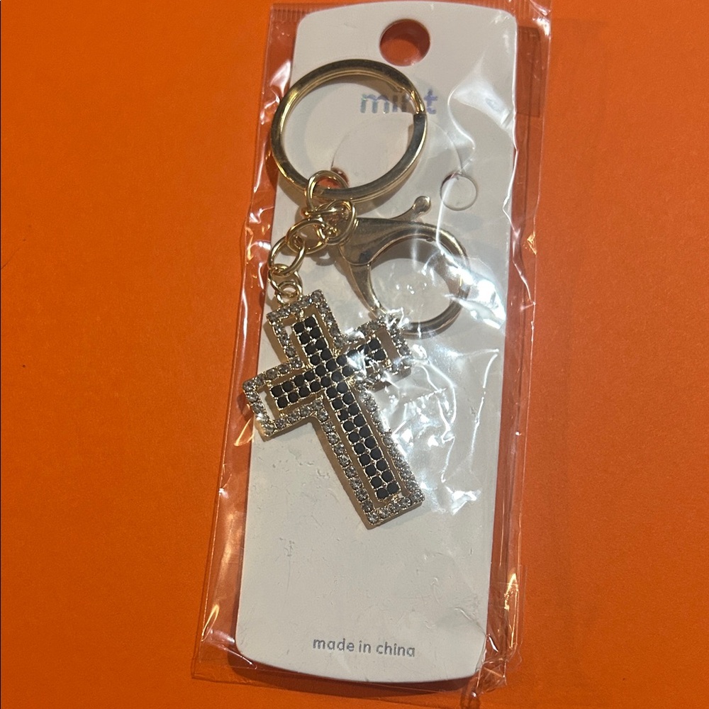 Gold Cross Keychain or bag charm with Black Rhinestones